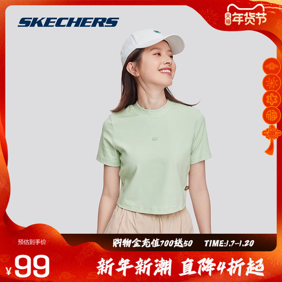 Skechers斯凯奇2024年夏季新款女款短袖T恤衫圆领碳黑色舒适修身