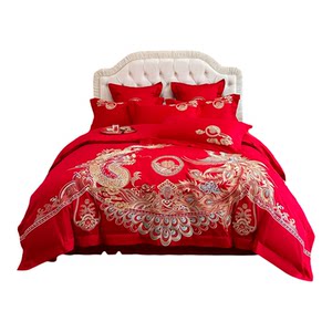 
New wedding four-piece embroidery red wedding bedding dragon and phoenix wedding bed dowry quilt six-piece set with hundreds of children's pictures