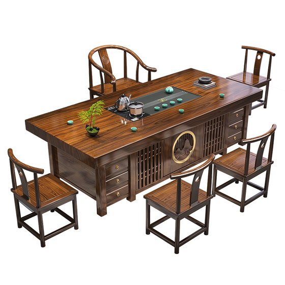 
Solid wood large board new Chinese style tea table and chair combination one table five chairs office tea table living room home tea table coffee table