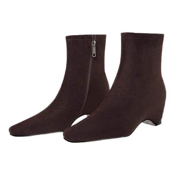 Saturday Black Short Boots Women's 2025 Autumn and Winter Square Toe Thick Heel Plus Velvet Warm Fashion Boots Slimming Elastic Slim Boots