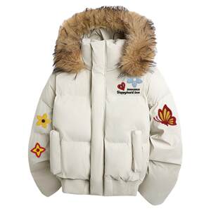 
Charles Heart Removable Fur Collar Hooded Cotton Coat for Men with Butterfly Print Winter Thickened Warm Couple Cotton Clothes