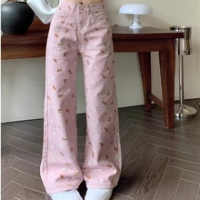 Korean version of sweet pink bear printed jeans for women's summer new slimming straight leg wide leg casual long pants