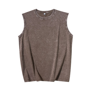 
240G pure cotton American batik wash sleeveless vest for men summer vest retro round neck heavyweight T-shirt for men