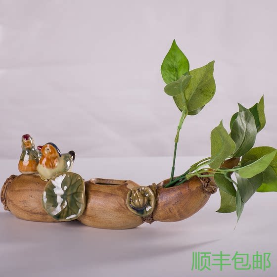 特价中式陶瓷摆件盆景盆栽花插办公桌书桌植物鸳鸯莲藕可养花插