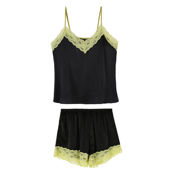 JoyceBra sexy lace V-neck ice silk suspender pajamas for women summer high-end home wear set with breast pads