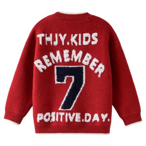 
Boys red thickened sweater 2026 winter new style children's round neck pullover embroidered anti-pilling sweater top