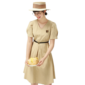 Zihan A Short -style dress in summer new female solid color V -neck skirts, literary middle skirts casual versatile
