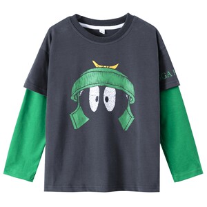 
Boys spring long-sleeved fake two-piece t-shirt 2026 new style children boys spring and autumn loose contrasting color cartoon tops trendy