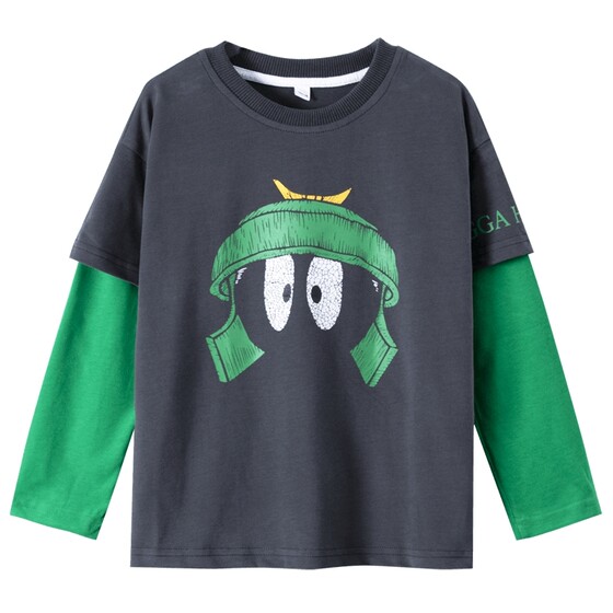
Boys spring long-sleeved fake two-piece t-shirt 2026 new style children boys spring and autumn loose contrasting color cartoon tops trendy