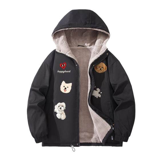 
Charles Peach Heart Puppy Printed Lamb Velvet Cotton Clothes for Men and Women, Hooded Winter Thickened Coldproof Trendy Brand Couple Cotton Clothes