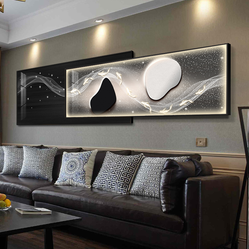 现代轻奢客厅叠加LED灯装饰画九鱼图沙发背景墙挂画卧室高档壁画