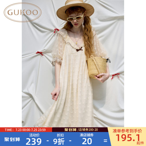 Gukoo/果壳睡裙女夏季纯色蝴蝶网纱新款甜美女士家居服睡裙B