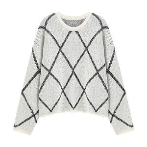 
Basic House/Baijiahao 2025 autumn and winter diamond pattern sweater women's lazy style pullover bright silk short top