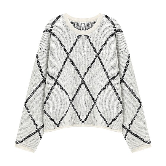 
Basic House/Baijiahao 2025 autumn and winter diamond pattern sweater women's lazy style pullover bright silk short top