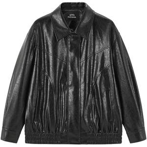 
Peacebird black imitation hand-rubbed oil wax leather PU leather jacket for women 2025 fashion loose jacket*