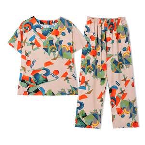 Middle -aged and elderly artificial cotton top female short -sleeved cotton and silk pajamas Female summer mother elderly cotton home clothing suit