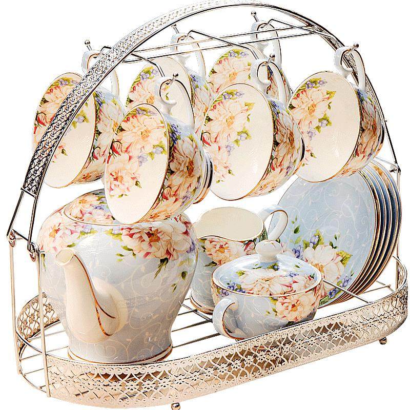 DUJUST Service à Thé 22 Pièces Porcelaine Blanche Luxe – Style Britannique Bordure Dorée – Idéal 6 Personnes