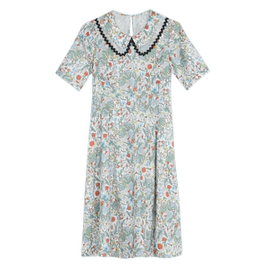 Mystery cotton short-sleeved dress summer retro pastoral waist color mid-length skirt 222ML0707