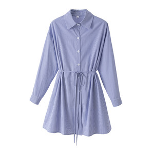 
Spring women's clothing new style hair niche fashion waist-closing lace-up long sleeve striped shirt dress trendy