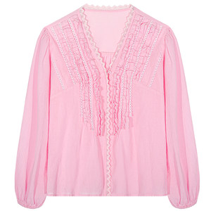 
Jinyu Huahua Early Autumn Women's Clothing 2025 New Puff Sleeve Pink Shirt Women's Small Loose Top V-neck