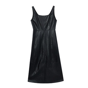 
Retro PU leather skirt high waist strap skirt for women MOFAN 2025 winter new square neckline slim dress