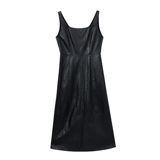 
Retro PU leather skirt high waist strap skirt for women MOFAN 2025 winter new square neckline slim dress