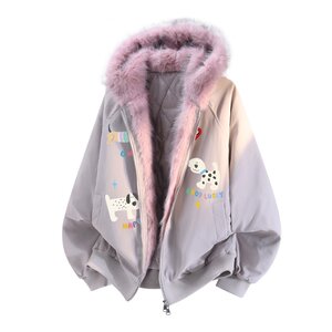 
Charles heart puppy print fur collar hooded cotton coat for men and women new winter cold-proof couple's mountain carving cotton coat