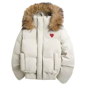 Charles Heart Short Hooded Cotton Coat for Men and Women Winter Warm Removable Fur Collar Couple New Cotton Jacket