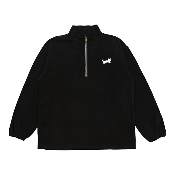 Black Meow Pixel 22AW Black Meow Jump Embroidery Single Layer Black Polar Fleece Jacket Half-Zip Casual Loose Sweatshirt