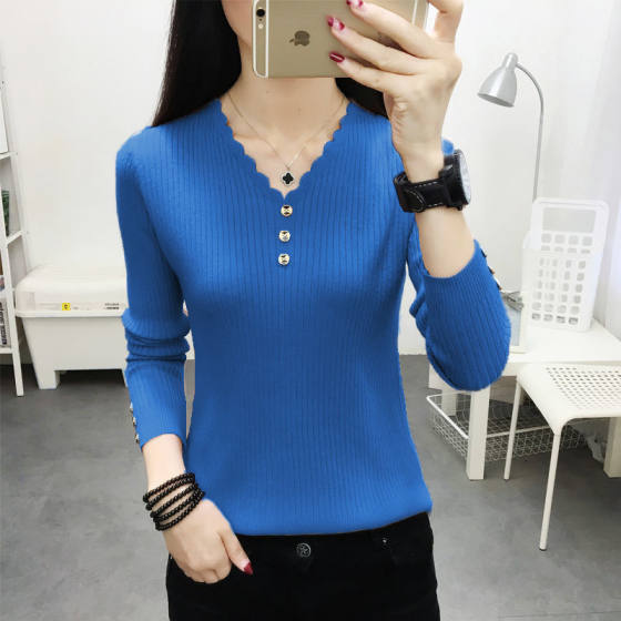 Sexy V Neck Buttons Solid Sweaters Pullover Women Autumn Win