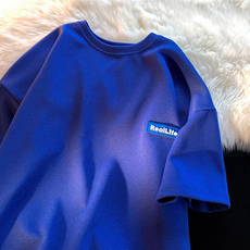 diy编织材料包 克莱因蓝华夫格短袖男设计感重磅夏季国潮美式t恤oversize七分袖