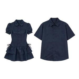 
Niche design couple's clothing summer 2026 Korean style short-sleeved shirts for men and women French style one skirt and one trendy dress