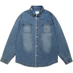 
GUUKA trendy American retro blue denim shirt men's long-sleeved shirt floral embroidered old jacket loose