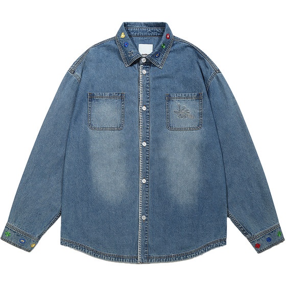 
GUUKA trendy American retro blue denim shirt men's long-sleeved shirt floral embroidered old jacket loose