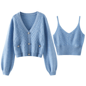 
Countless sultry~beautiful! Thickened 100% pure cashmere cardigan for women V-neck lantern sleeve sweater camisole suit