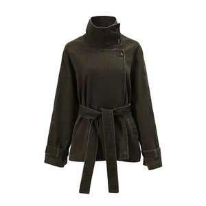 
NON RESTRAIN design retro belt stand collar jacket women's casual loose lapel short windbreaker