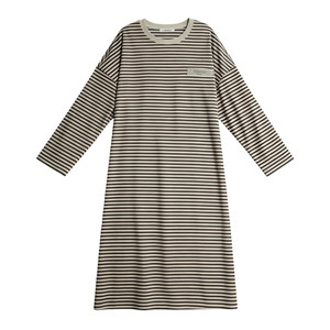 
Catman nightgown with breast pads for women spring and autumn pure cotton striped long-sleeved high-end home wear pajamas skirt can be worn outside