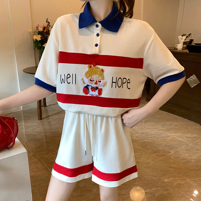 taobao agent Summer jacket, sports shorts, set, plus size, polo collar, with short sleeve