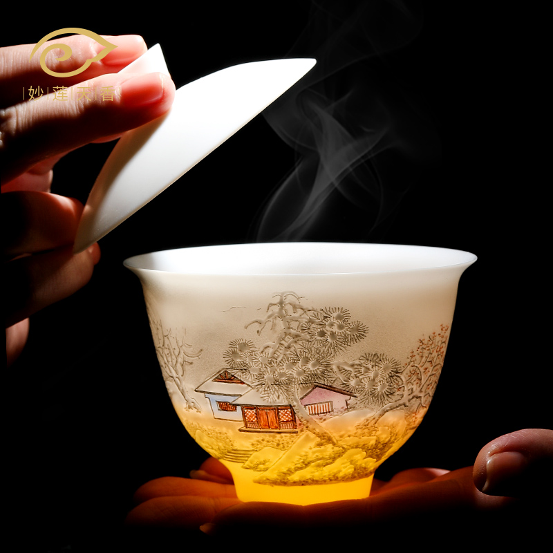 妙莲天香超薄胎羊脂玉白瓷手绘雪景盖碗高档单个泡茶茶杯茶碗带盖