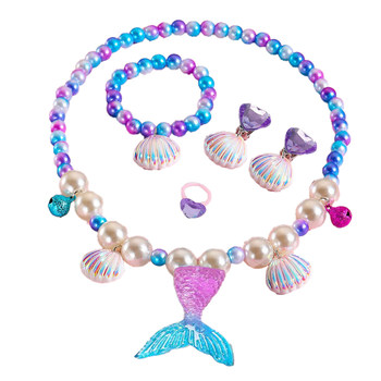 Children's mermaid necklace set girl shell little girl bracelet princess jewelry baby cute ear clip ring