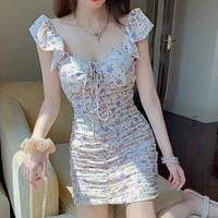 Сексуальное приталенное шифоновое платье, в корейском стиле, в западном стиле, цветочный принт