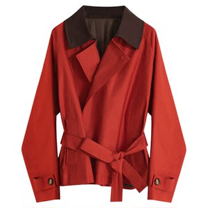 
Rare probability original design retro red windbreaker women's autumn contrasting color lapel small loose short coat