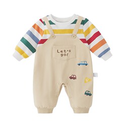 [7A antibacterial] baby jumpsuit autumn clothes for boys fake two-piece striped autumn baby outing baby clothes for boys