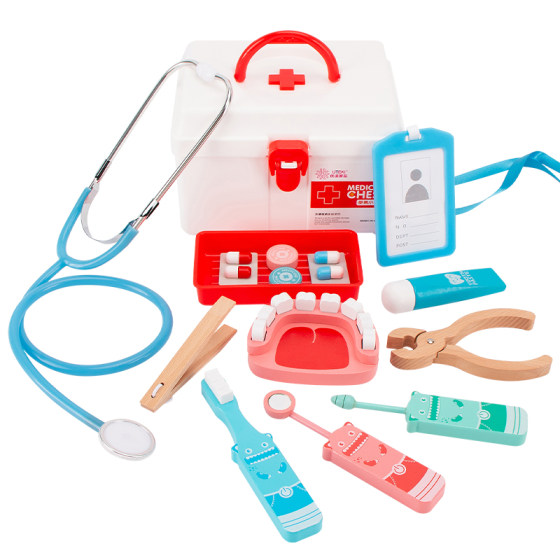 Children's wooden doctor plays toy suit Girl medical box nurse injection tool