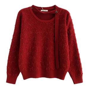 
Shiyesen New Winter Clothes Korean Style Gentle Bright Silk Love Scarf Ribbon Long Sleeve Round Neck Pullover Sweater Top