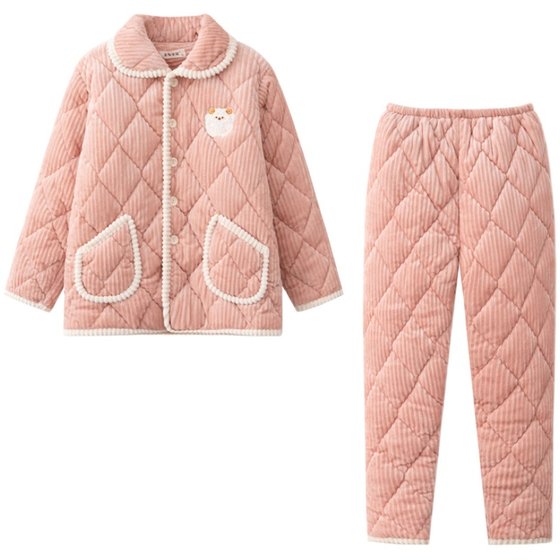 Pajamas Female autumn and winter coral velvet three -layer thickened cotton jacket Mom in winter flaw flared warm outside wearing home service