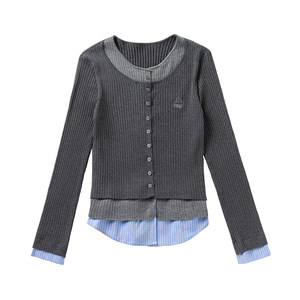 
KXLFCHN spring and autumn holiday two-piece shirt round neck sweater cardigan versatile casual long-sleeved top for women