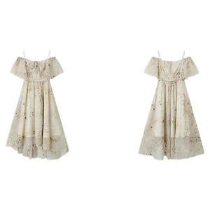 
PIT One-line neck, off-shoulder waist, A-line floral short-sleeved dress for women 2025 summer ruffle slings mid-length skirt