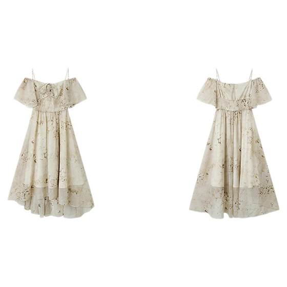 
PIT One-line neck, off-shoulder waist, A-line floral short-sleeved dress for women 2025 summer ruffle slings mid-length skirt