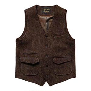 
American retro color dot heavy tweed hunting vest woolen V-neck work vest men's RRL khaki large size
